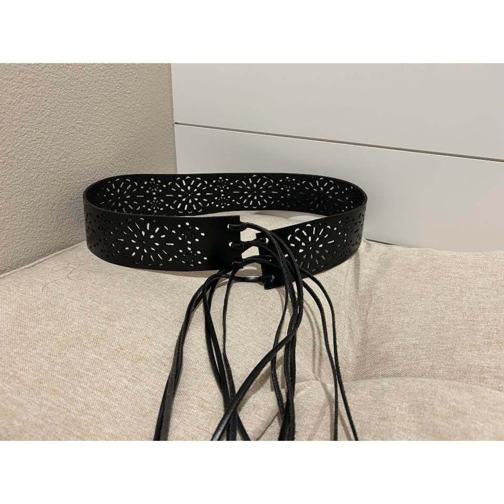 Genuine Leather Laser Cut Floral Filigree Wrap Tie Waist Belt Black L/XL Inida